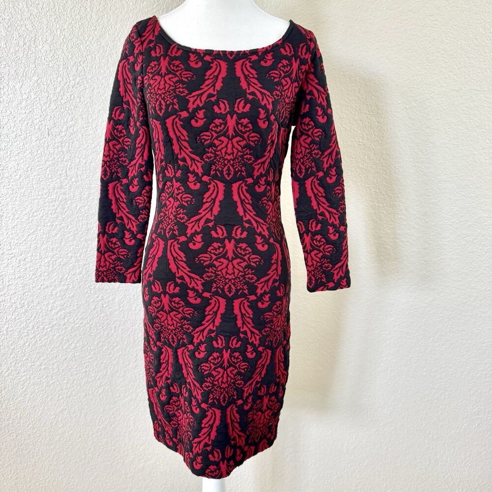 BB Dakota Sm Red Black Damask Jacquard Bodycon Sheath Dress 3/4 Sleeve Cocktail